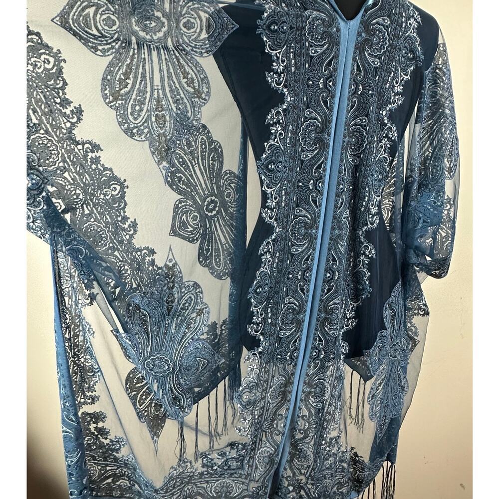 Pretty Persuasions Blue Paisley Sheer Kimono Fringe Boho Duster Fairy Coachella - Picture 7 of 11